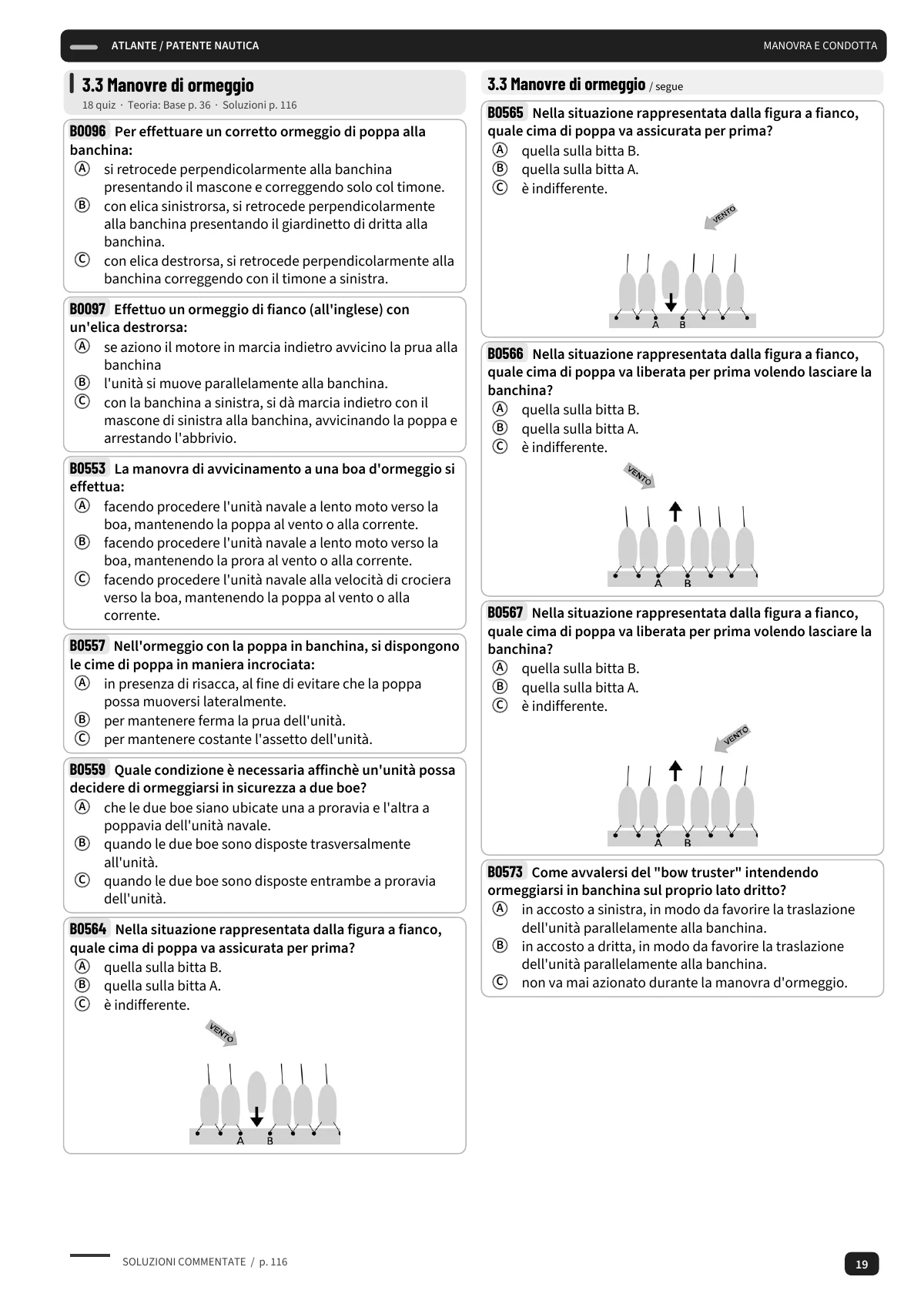 Una pagina di quiz sulle manovre di ormeggio, con alternative da segnare.