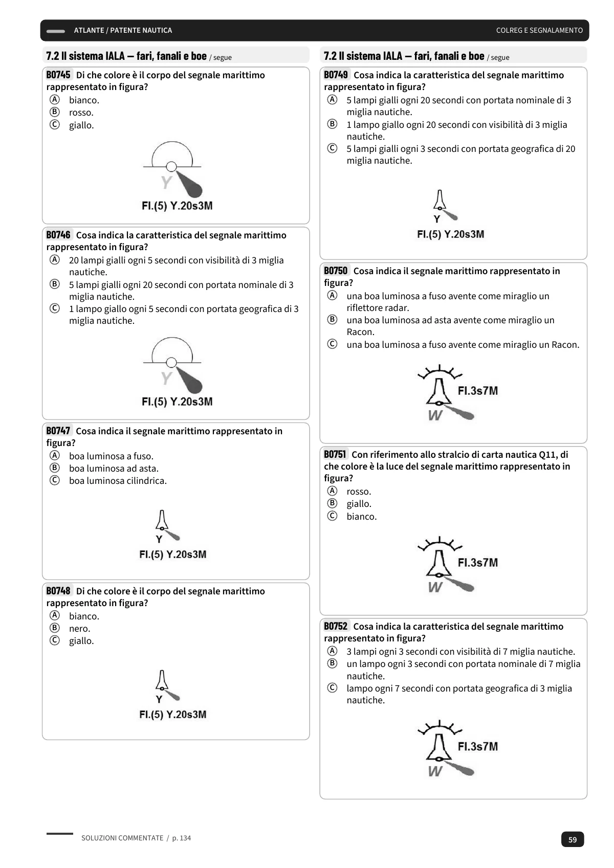 Una pagina di quiz sul sistema IALA con le figure ministeriali in bianco e nero.